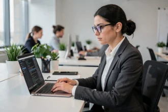 Une professionnelle en cybersécurité analysant un tableau de bord de sécurité logicielle sur son ordinateur portable en open space