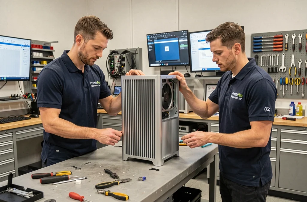 Équipe de ProntoProRéparateurs Mac dans les Hauts-de-Seine collaborant sur le diagnostic d'un Mac Pro ouvert en atelier