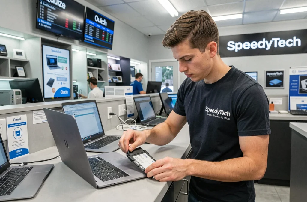 Technicien de SpeedyTech dans les Hauts-de-Seine remplaçant rapidement une batterie de MacBook au comptoir