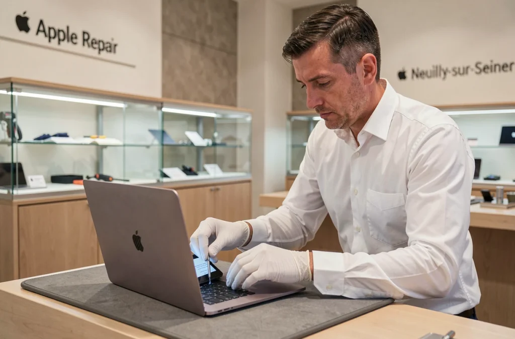 Technicien de Tech Center à Neuilly-sur-Seine remplaçant l'écran d'un MacBook Retina avec soin