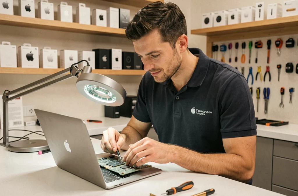 Technicien de Tech Premium à Courbevoie inspectant une carte mère de MacBook Pro dans un atelier soigné