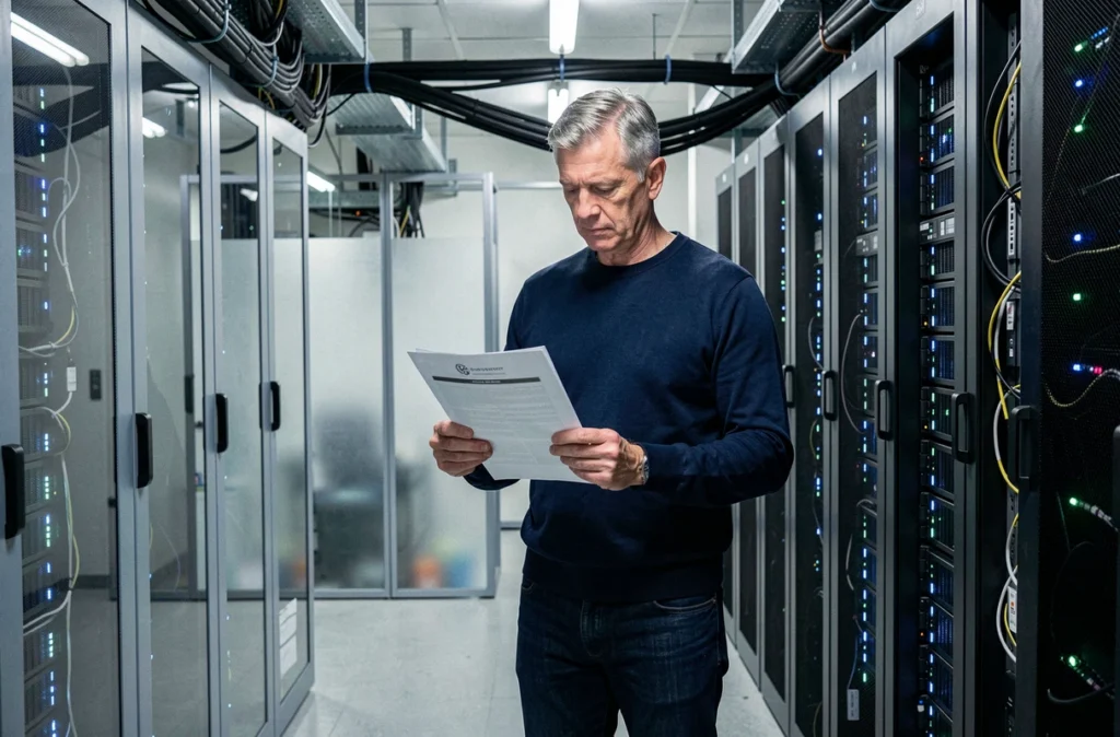 Un technicien informatique examinant un audit de sécurité dans une salle de serveurs professionnelle
