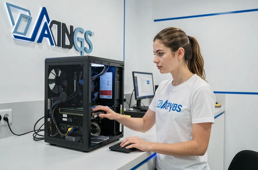 Spécialiste informatique de Xaber réparant un ordinateur de bureau dans un espace moderne