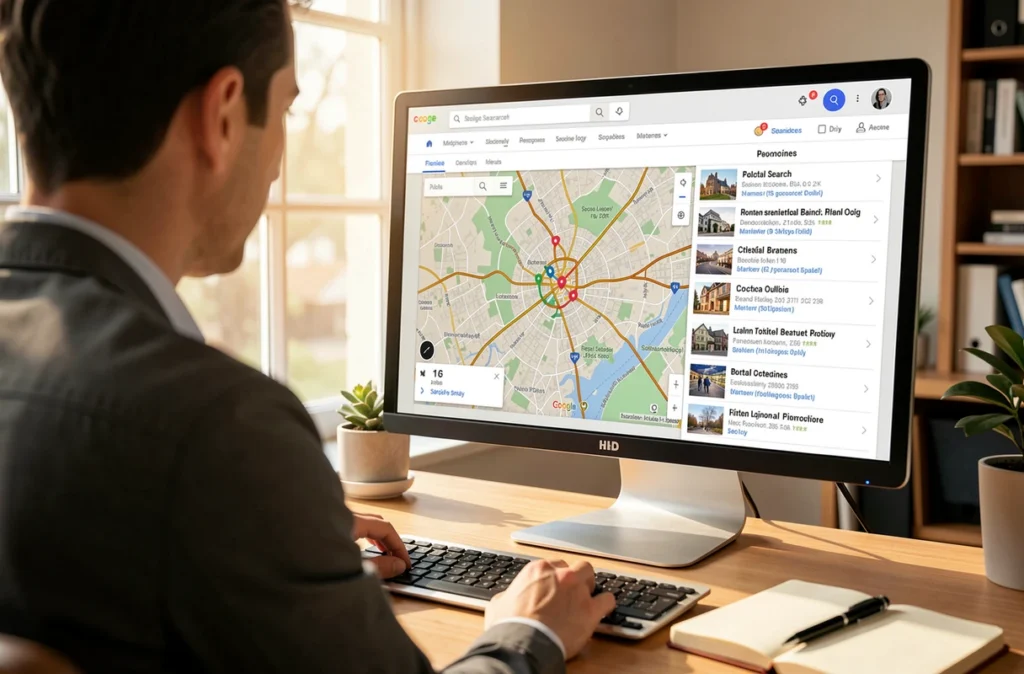 Consultant analysant des résultats de recherche locale sur un écran