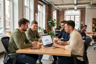 Équipe d'une agence SEO réunie autour d'un ordinateur affichant des statistiques