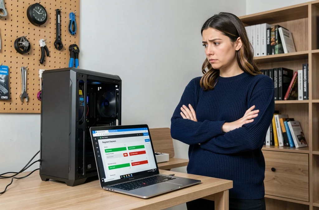Femme hésitante devant un outil de compatibilité de jeu vidéo sur laptop, avec une tour PC visible au premier plan dans un bureau moderne