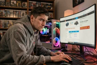 Joueur frustré devant un site de compatibilité PC comme Will It Run, assis à un bureau gaming encombré avec une tour RGB allumée